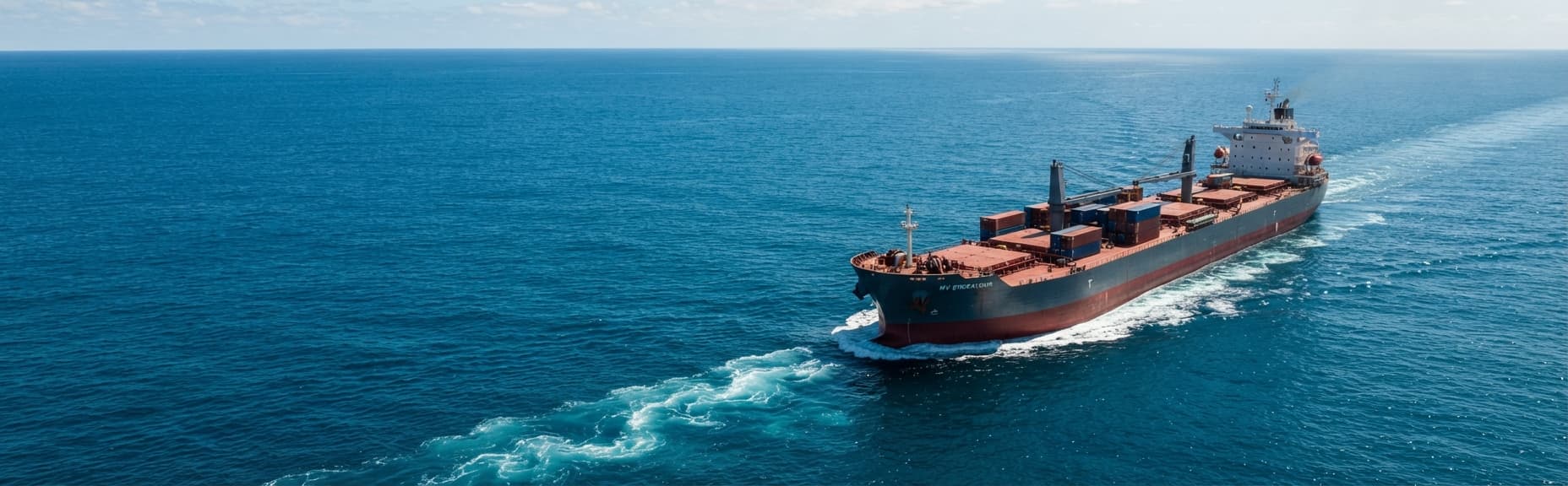 Aerial panoramic photograph of commercial vessels at sea and in harbour